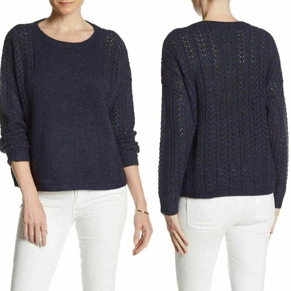 360 Cashmere Oxford Blue Pointelle Open Knit Alpaca Sweater Size XS 2498